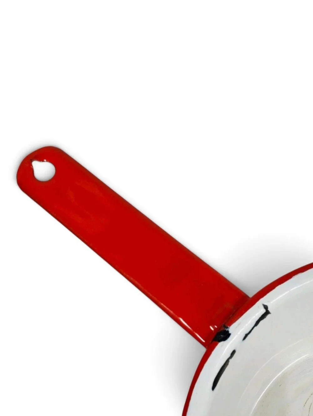 Vintage Red White Enamelware Saucepan Cookware Farmhouse Kitchen Collectible